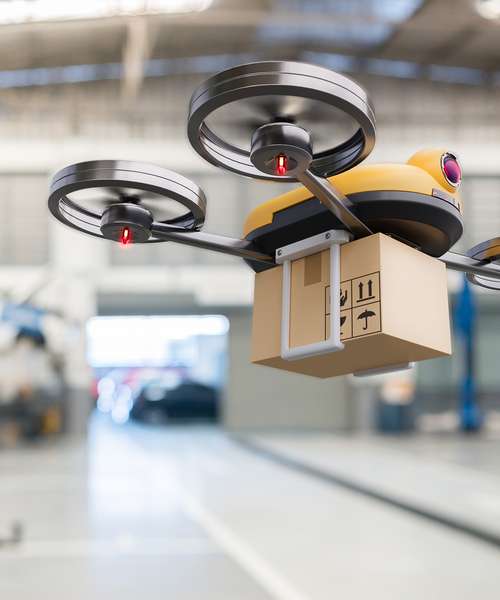 Drone flying in Warehouse with parcel